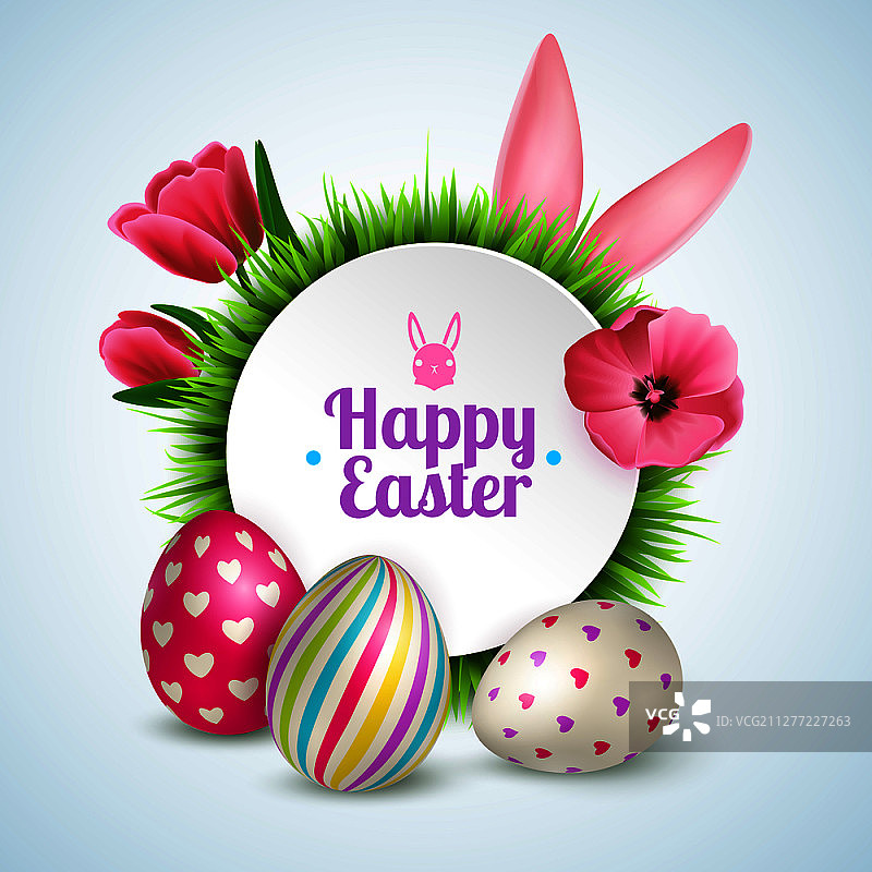 复活节彩蛋兔子春花写实矢量图图片素材
