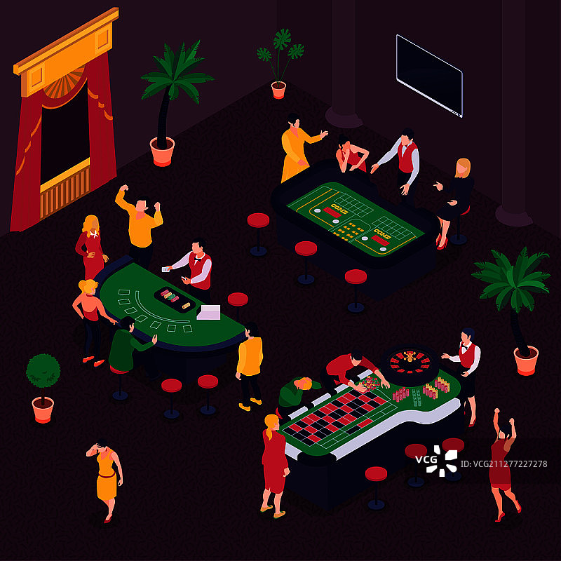 赌场博彩2.5D背景与扑克轮盘符号矢量图图片素材