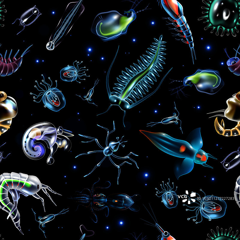 由发光灯和海洋浮游生物的发光图像组成的彩色抽象图案，深色背景矢量图图片素材