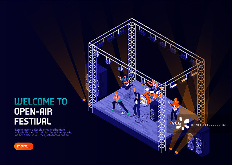 音乐家在聚光灯下表演的露天音乐节彩色背景2.5D矢量插图图片素材