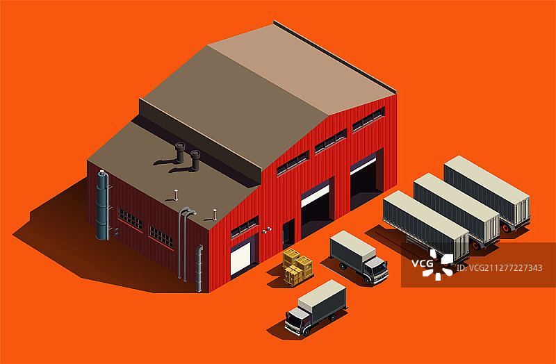 工业建筑2.5D图：仓库和卡车集装箱图片素材