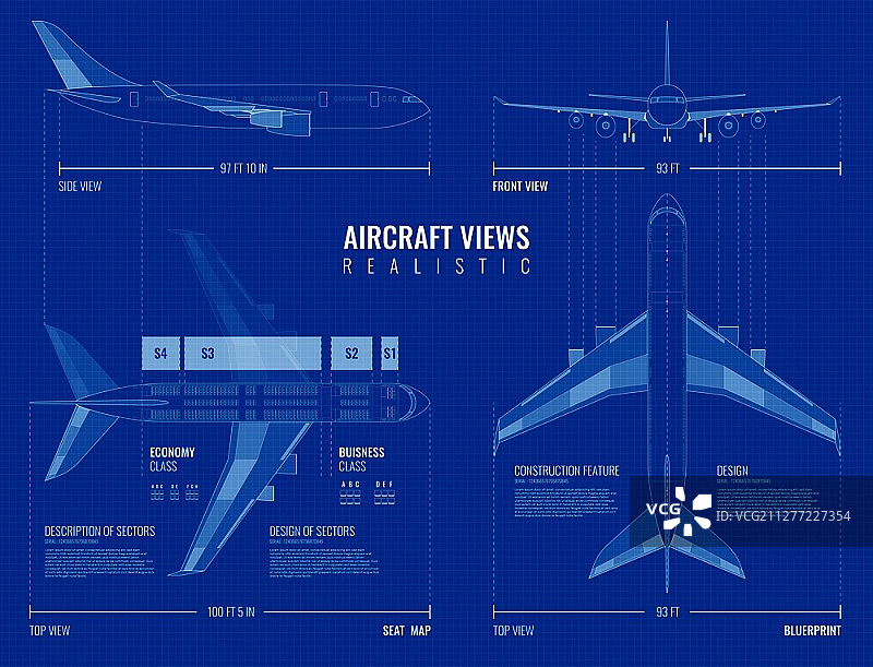 飞机外形尺寸工业图纸（顶视图、侧视图和前视图）矢量图图片素材