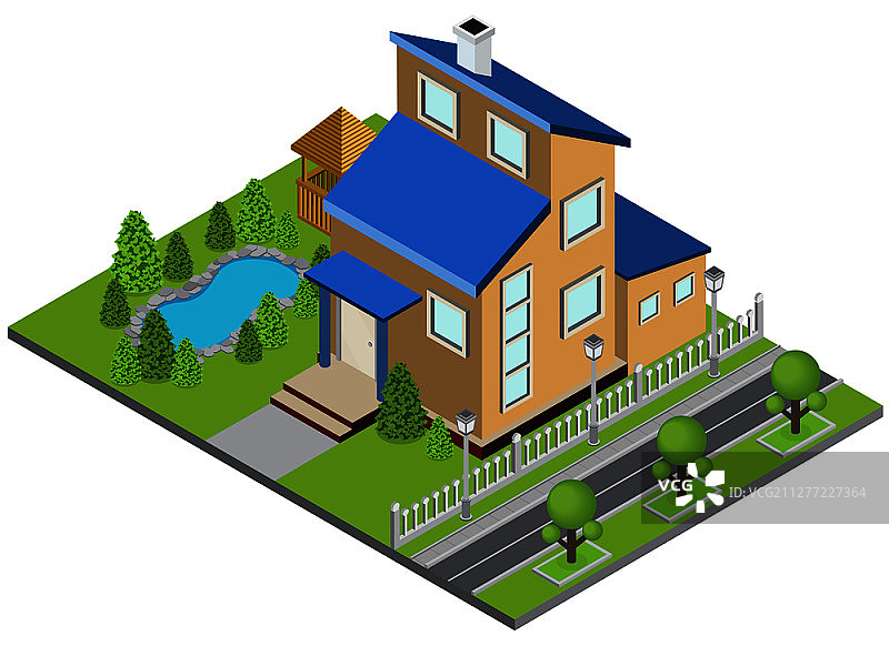 郊区建筑概念与联排别墅游泳池2.5D矢量图图片素材