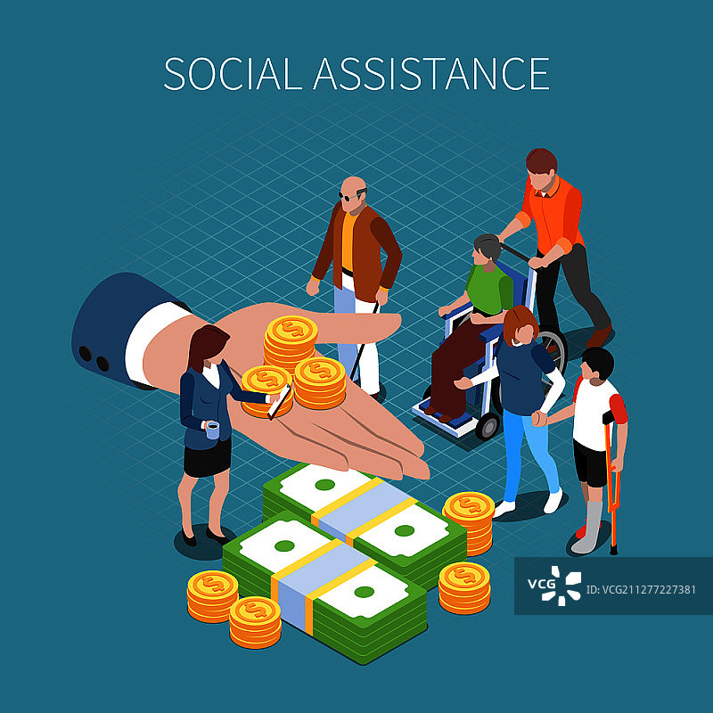 含硬币的抽象手部图案2.5D社保失业救济金图片素材