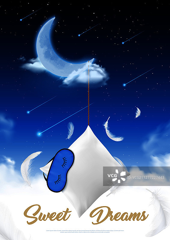 星空背景下的月夜睡眠时间逼真海报，含羽毛枕头和睡眠眼罩图片素材