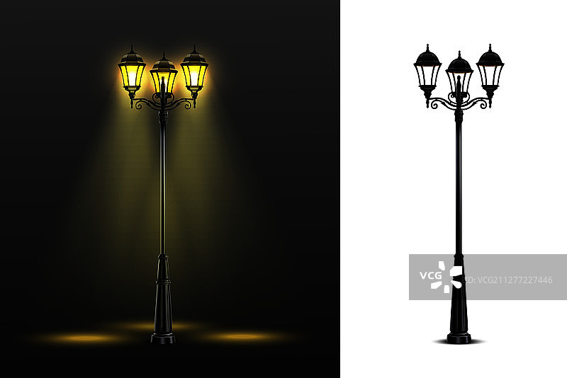 带彩色和黑白组合的两盏逼真路灯矢量素材图片素材
