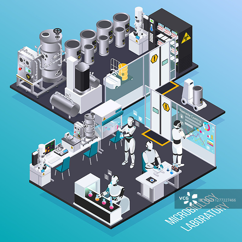 微型生物学机器人雇主在实验室隔离室中的机器人等距职业概念矢量图图片素材
