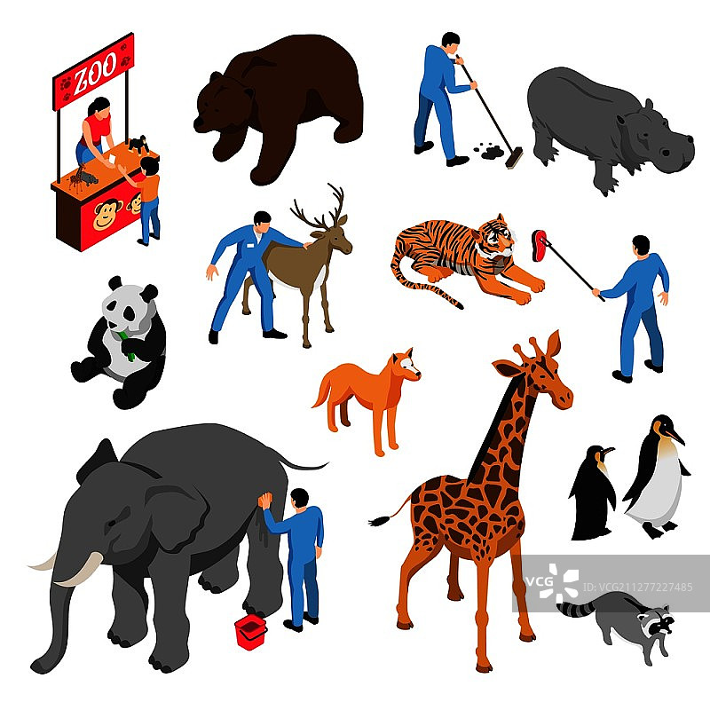 2.5D动物园动物及工作人员职业活动组合矢量插画图片素材