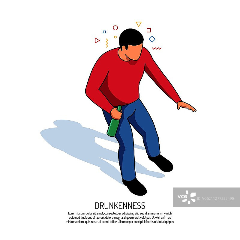 醉酒男子手持酒瓶，头部周围环绕彩色几何元素的2.5D矢量插画图片素材