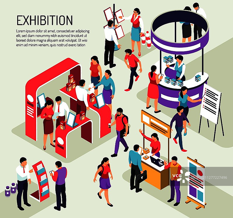 2.5D展览会场景：包含可编辑文本描述和拥挤人群的彩色展台矢量素材图片素材