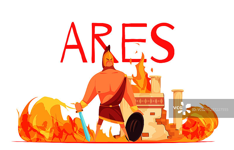 古希腊奥林匹斯战神阿瑞斯在战斗中头戴头盔，手持剑的扁平卡通矢量图图片素材