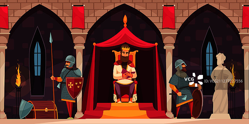 中世纪城堡内部扁平卡通场景：国王宝座、武装骑士、纹章守卫矢量插画图片素材