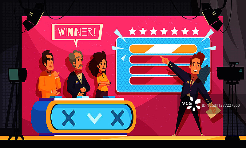 热门电视猜字游戏节目决赛卡通场景，含主持人、参赛者和获胜者矢量图图片素材
