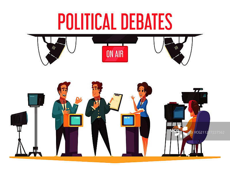 电视直播政治辩论节目，竞选参与者展示节目并对抗反对者卡通组合矢量图图片素材