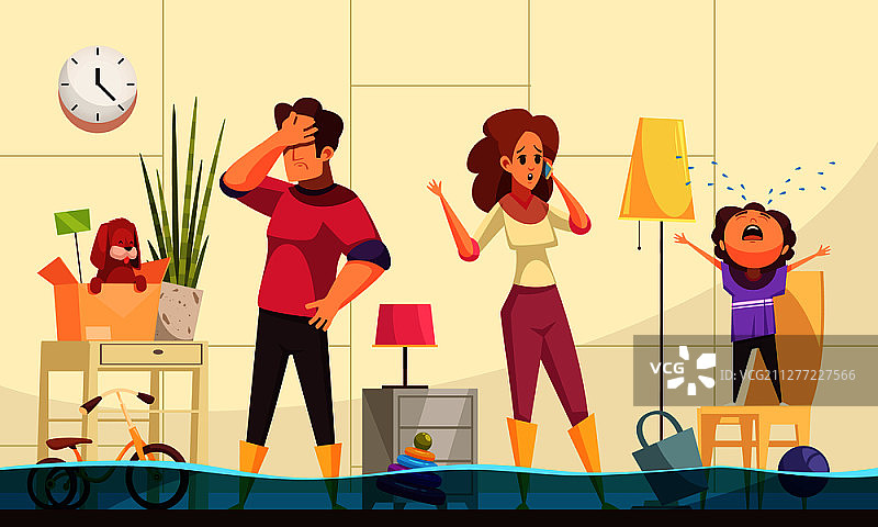 房屋被淹紧急情况：家庭住宅致电水管工修理爆裂管道矢量插图图片素材