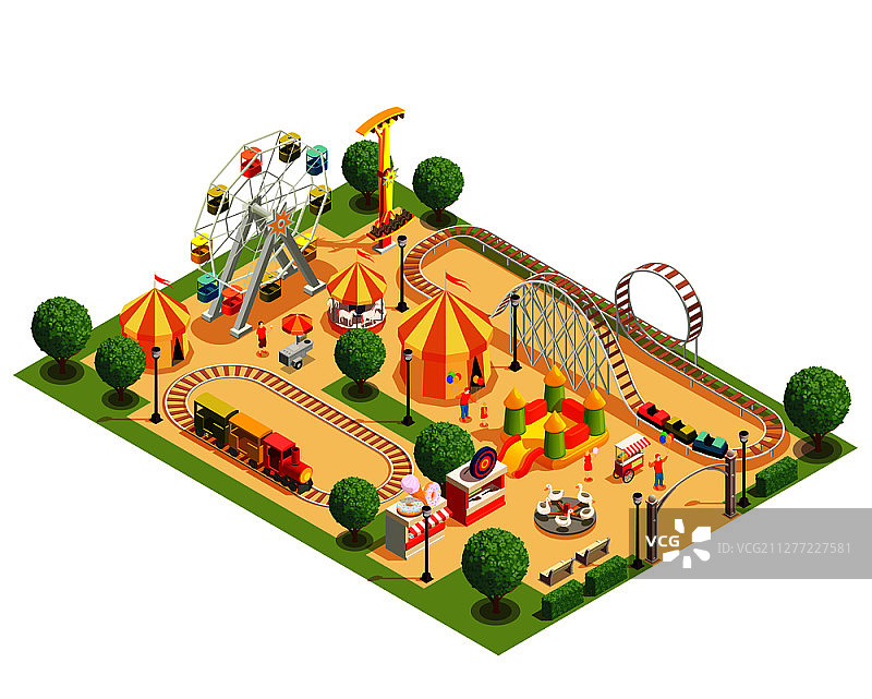 带有过山车旋转木马摩天轮帐篷的游乐园等距组合3D矢量图图片素材
