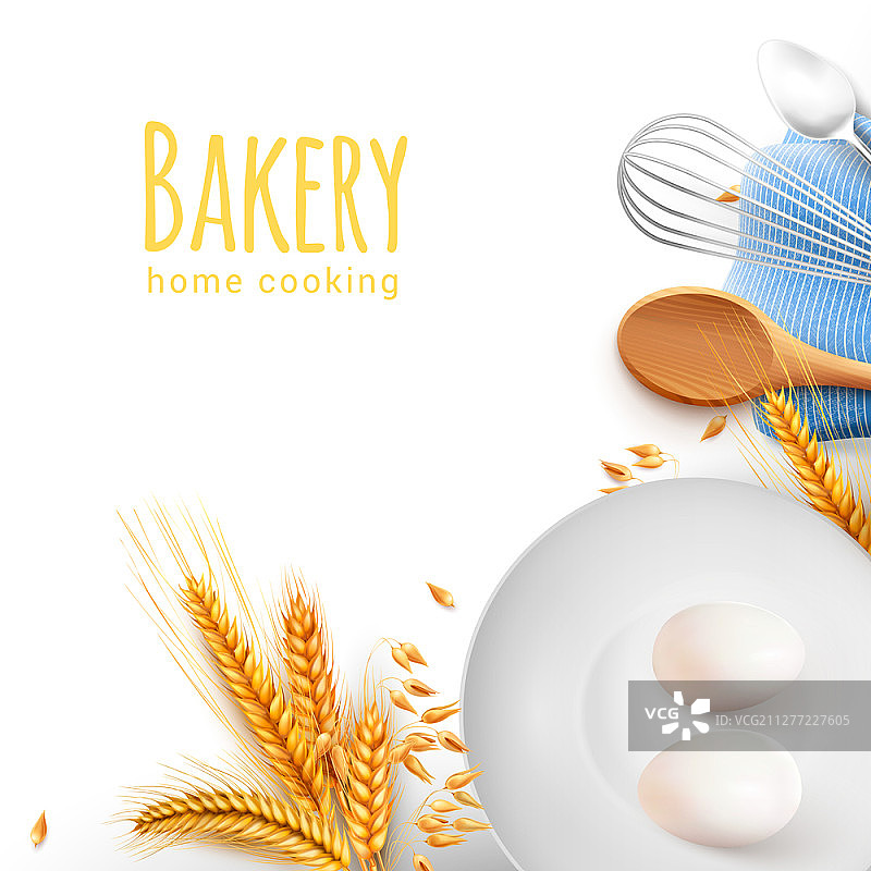 家用烹饪工具厨房烘焙用具：含木勺、搅拌器、茶匙、谷物和鸡蛋的矢量素材图片素材