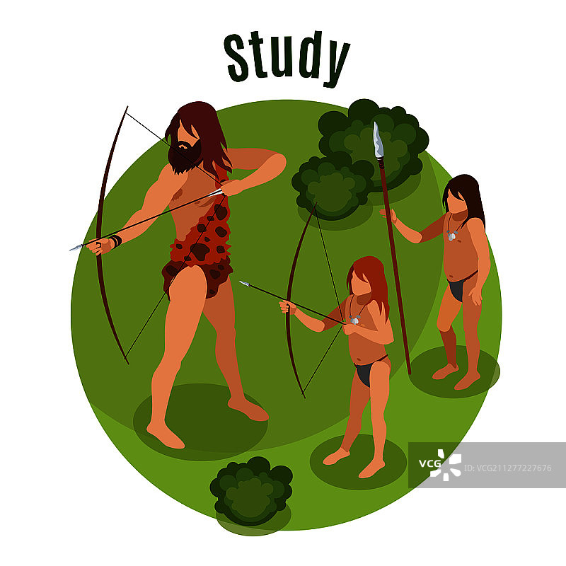 石器时代2.5D概念与狩猎学习符号矢量图图片素材