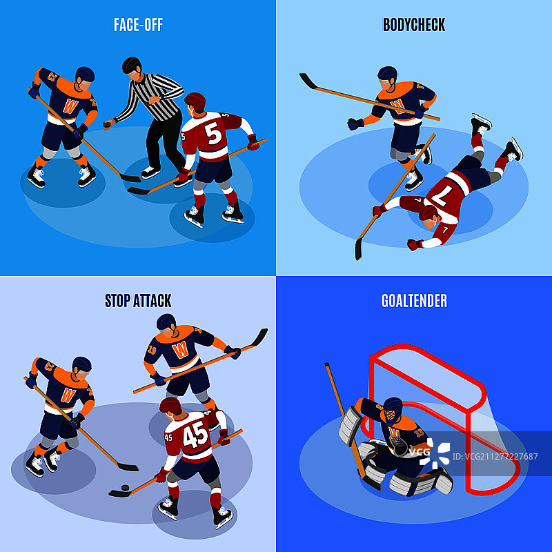 4个等距冰球概念组合：防守队员阻止前进进攻，争球和守门员矢量图图片素材