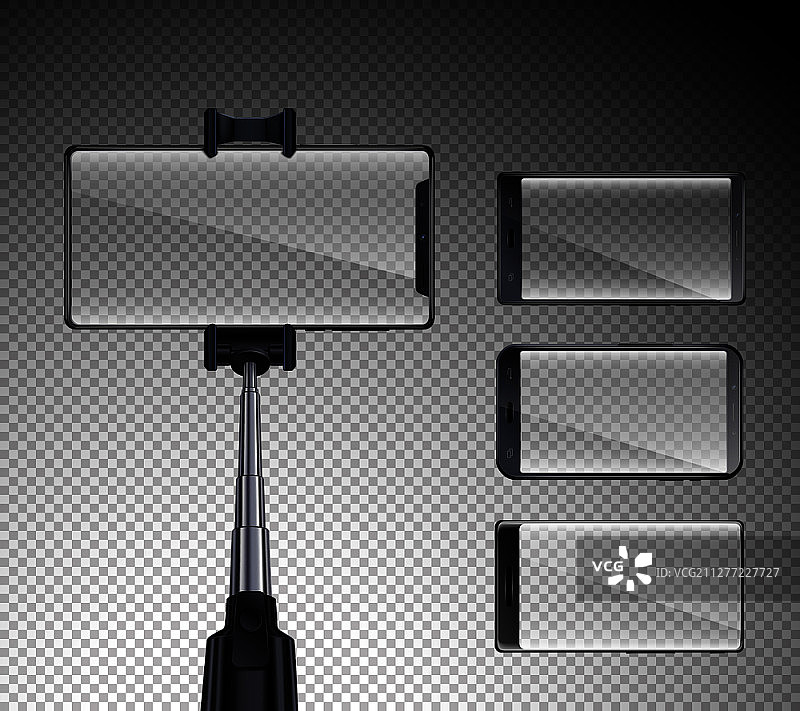 带自拍杆的全屏正面触摸屏智能手机，具有逼真的透明背景隔离矢量图图片素材