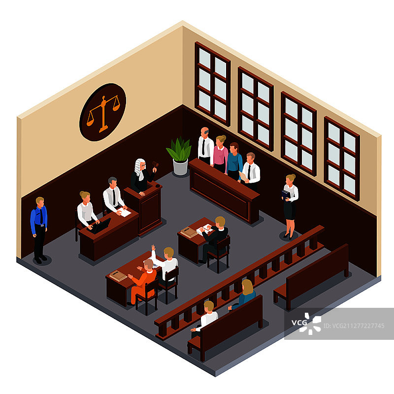 法院审判2.5D示意图：法庭内部、律师、法官、陪审团图片素材