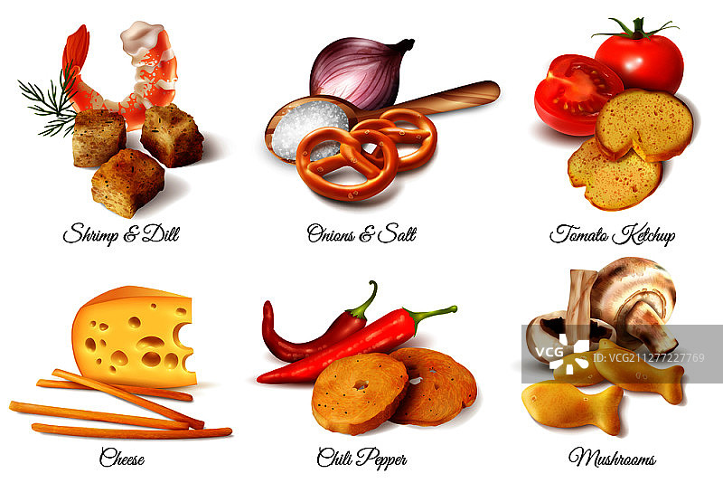 逼真的饼干零食和调味剂配料设计组合套装图片素材