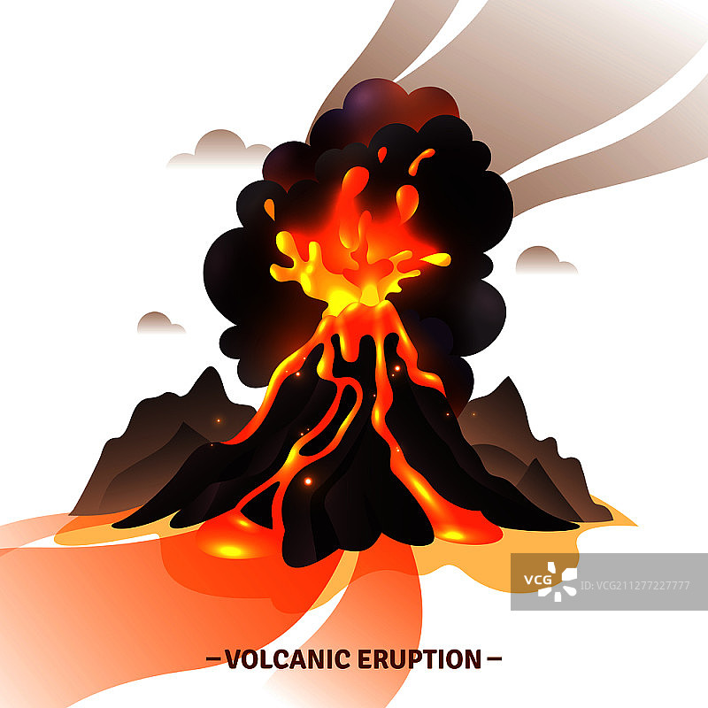 火山爆发卡通，岩浆灰烬和烟雾从火山矢量图中飞出图片素材