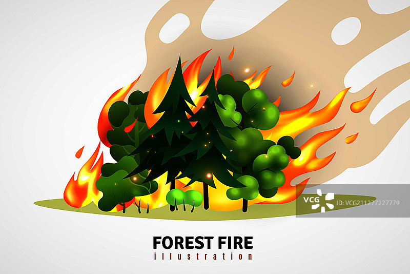 森林中肆虐的绿色针叶树和落叶树火灾矢量图图片素材