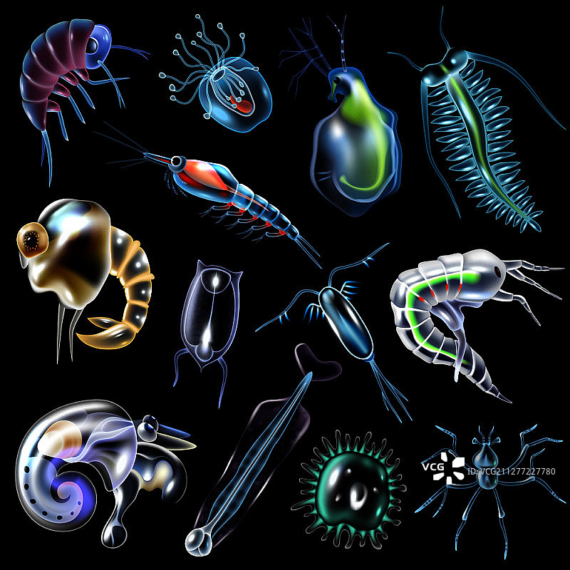 黑色背景卡通风格的发光浮游生物彩色图标集矢量图图片素材