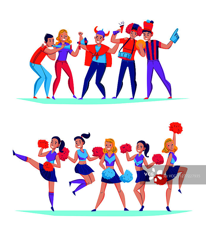 球迷欢呼队伍2.5D水平构图，包含喇叭、支持者和欢乐跳跃的女孩矢量插画图片素材