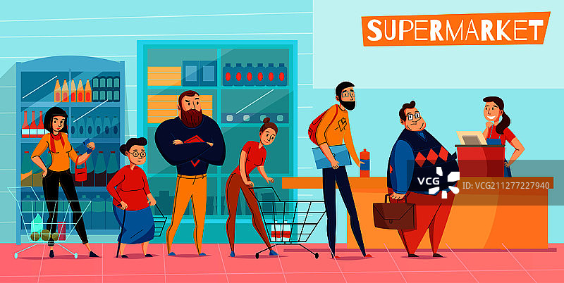 在超市排长队等待结账的顾客图片素材