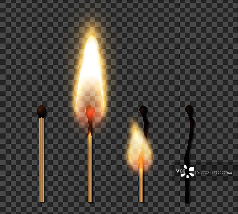 逼真的火柴燃烧火焰图标，四步燃烧过程矢量图图片素材