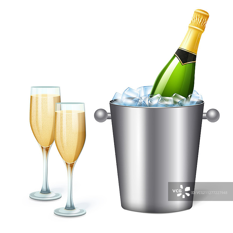 装满冰镇香槟和两个酒杯的彩色香槟桶矢量图图片素材