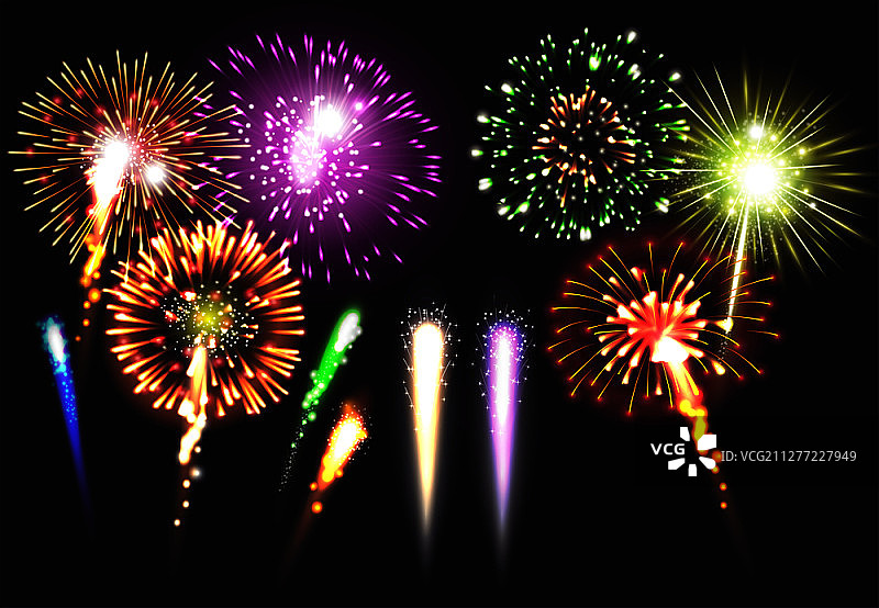 不同尺寸、形状和颜色的逼真烟花图标集，发光矢量素材图片素材