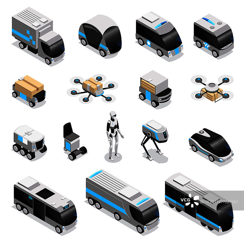 自动化机器人配送2.5D图标合集：无人载具矢量图图片素材