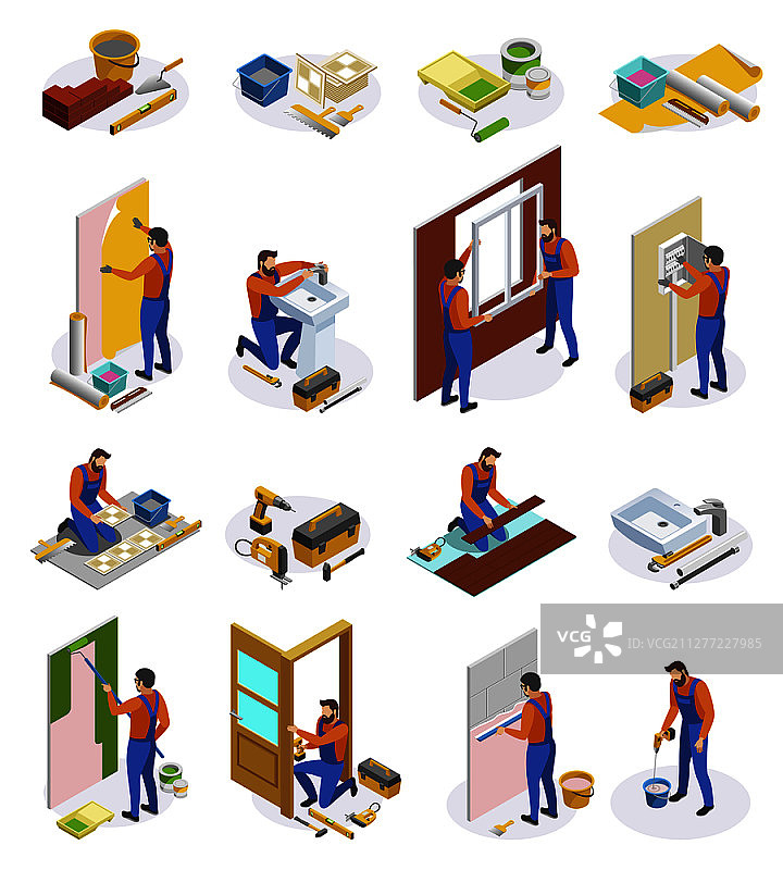 房屋维修工具和工匠等距图标：瓷砖铺设、墙纸粘贴、门窗安装图片素材