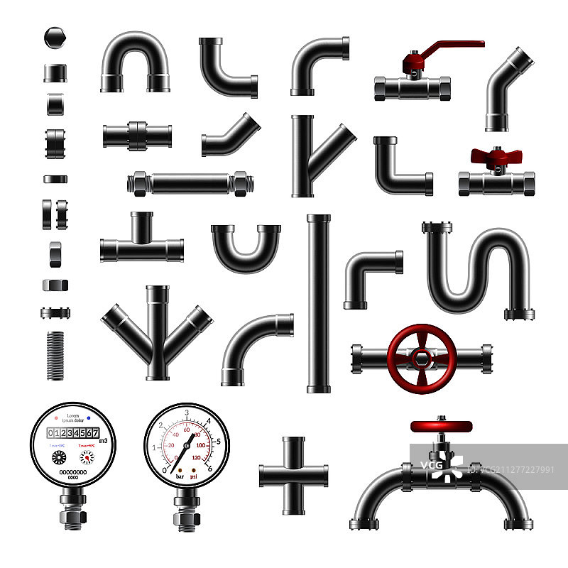 不同形状的管道零件和钢管真实感矢量图图片素材