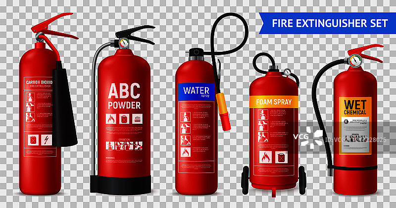 逼真的灭火器装置，具有不同形状的独立便携式消防装置，在透明背景矢量插图上图片素材