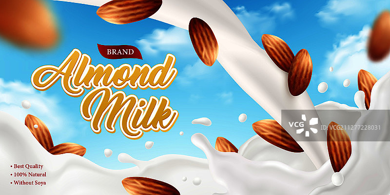 逼真杏仁奶海报广告背景，带有华丽的品牌文字以及天空和坚果图片组合矢量素材图片素材