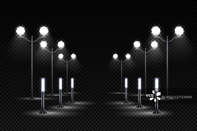 高灯笼和太阳能LED路灯：户外花园照明设计矢量图图片素材