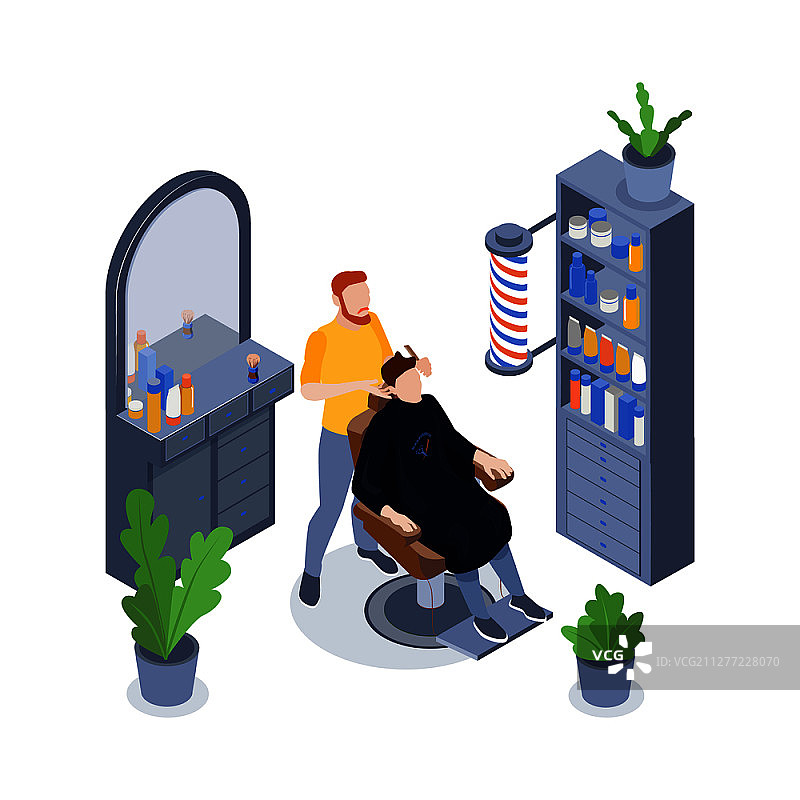 2.5D理发店场景，男发型师和他的顾客理发3D矢量插图图片素材
