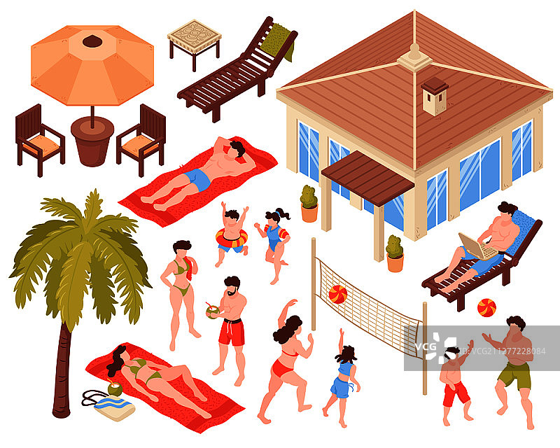 2.5D海滩度假房屋人物素材图片素材