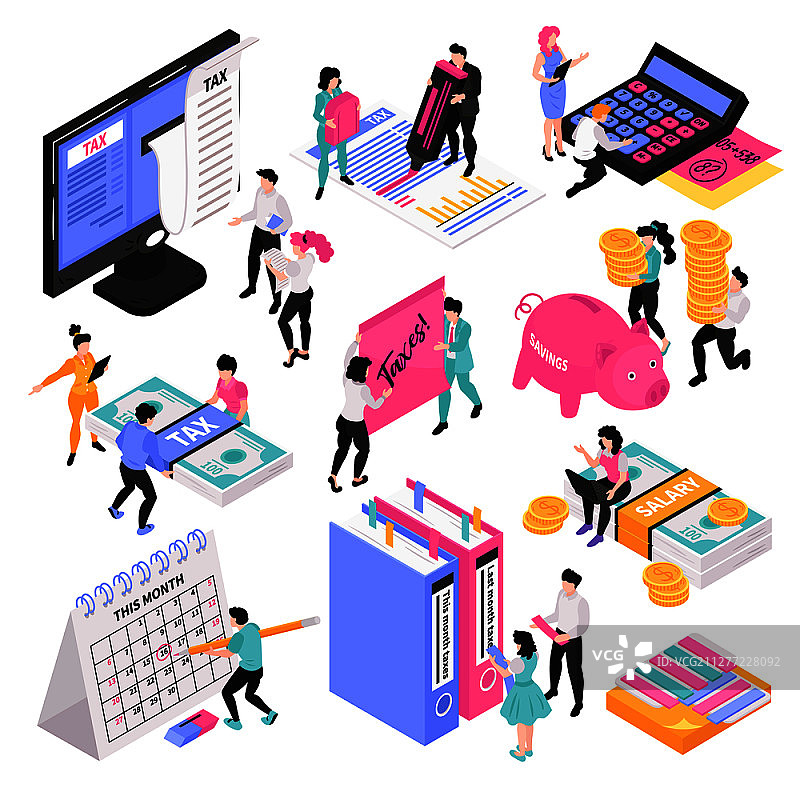 2.5D会计概念图集，包含人物角色和工作区对象矢量图图片素材