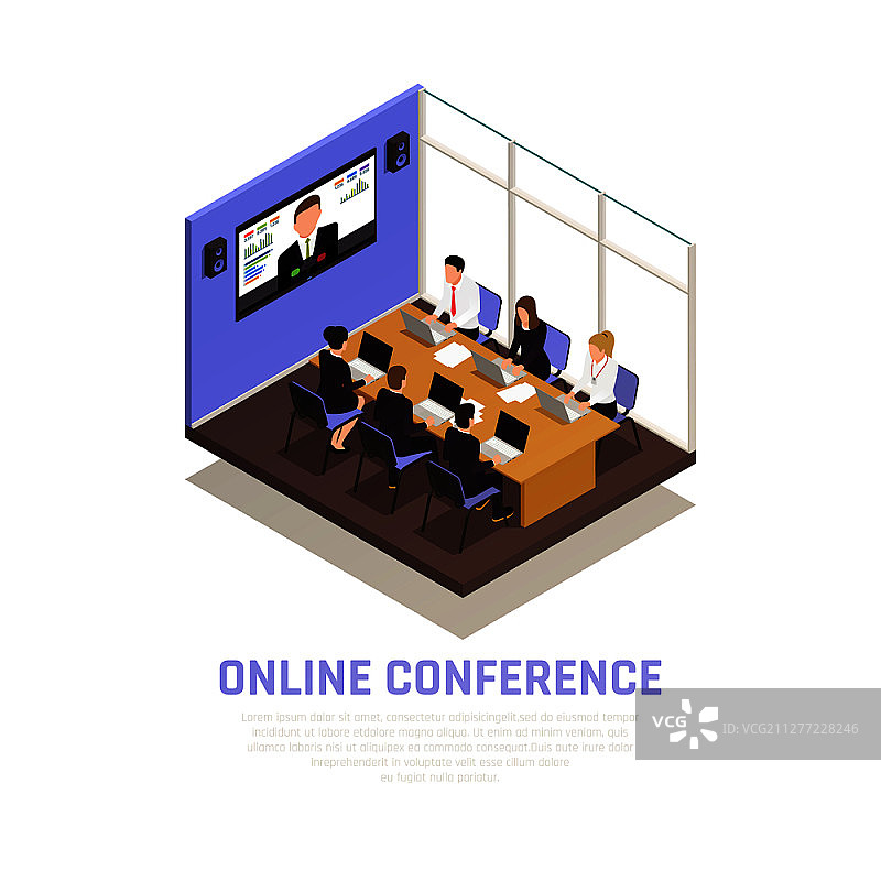 具有通信符号的商务在线会议2.5D概念矢量插图图片素材