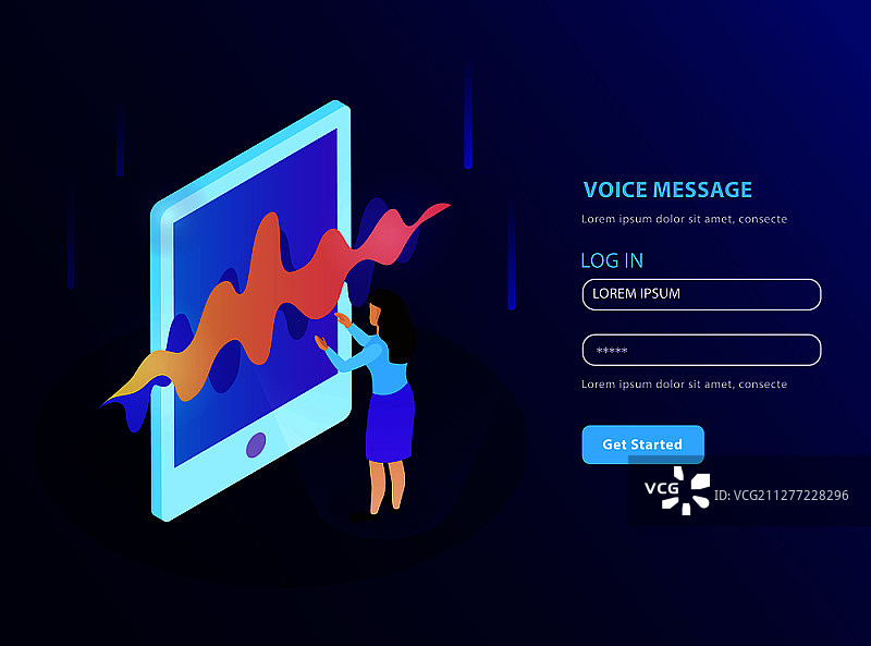 语音消息着陆页：女性使用智能手机收听语音信息2.5D矢量插图图片素材