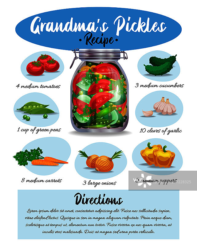 奶奶腌制泡菜彩色图解食谱，含配料书面说明，开胃美食信息图传单页面矢量插画。泡菜食谱页图片素材