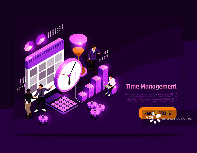具有时间管理符号的商务2.5D页面设计矢量插图图片素材