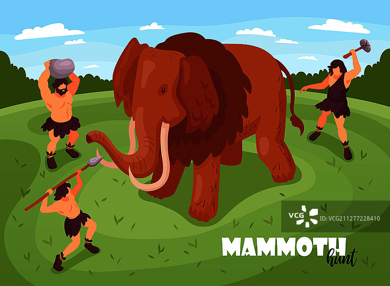 2.5D原始人穴居人狩猎背景构图，包含猛犸象和古代人物的文本和图像矢量图图片素材