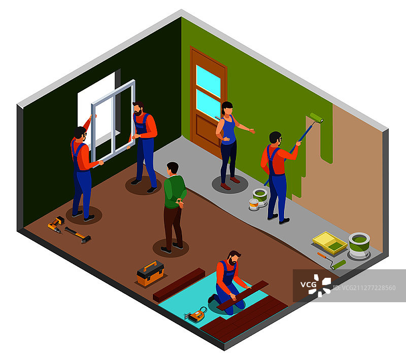 房屋维修2.5D设计概念：工匠在房间内进行各种工作，业主给出指示矢量图图片素材