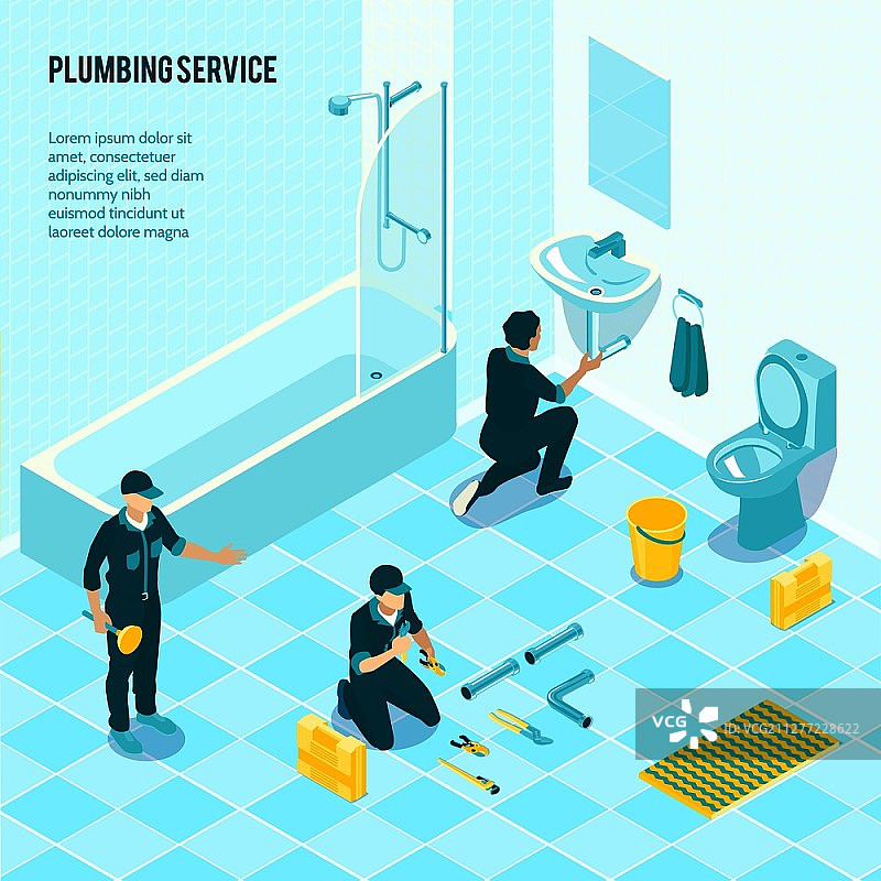 穿制服的维修团队在卫生间安装设备2.5D宣传海报矢量插画图片素材